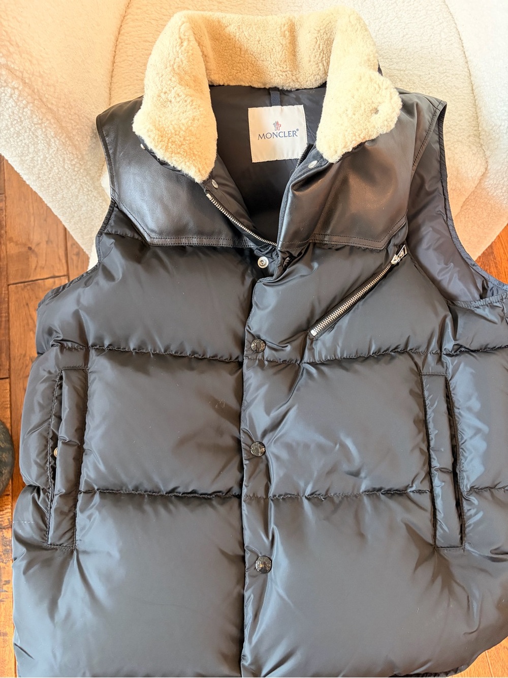 Moncler Black Quilted Puffer Vest with Cream Shearling Collar